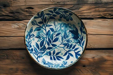 Tuinposter Hand-painted ceramic plate with floral design on wooden background © Xanthius