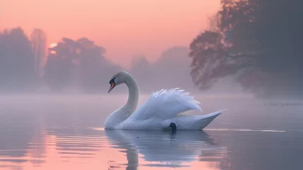 Zelfklevend Fotobehang A swan gracefully gliding on the lake under the sunset sky © Yuchen