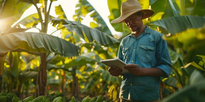 A farmer using a digital tablet to monitor banana plants in a modern agricultural setting. Concept Modern Agriculture, Digital Technology, Farming Innovation, Banana Plantation, Tablet Monitoring
