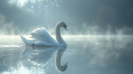 A swan glides gracefully through misty waters of a lake