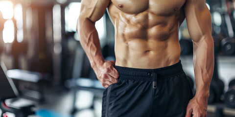Fototapeta na wymiar Impressive Display of Defined Abdominal Muscles in Fitness Environment