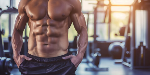 Athletic Male Torso Showing Defined Muscles, Abs in Fitness Center