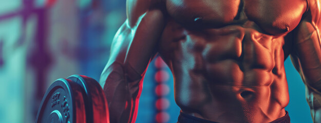 Muscular Torso of a Man Holding Dumbbell in Gym, Spotlight on Fitness - obrazy, fototapety, plakaty