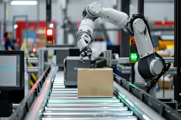 Automated Robotic Arm in a Modern Factory Handling Logistics and Packaging
