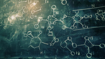Science Blackboard background with Scientific equations written in white chalk. Ideal for text overlay, graphic design and web backgrounds. - obrazy, fototapety, plakaty