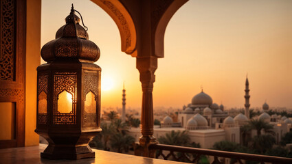 Ramadan lantern with sunset background - obrazy, fototapety, plakaty