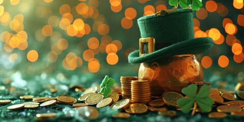 St. Patrick's Day Concept with Pot of Gold and Leprechaun Hat - obrazy, fototapety, plakaty