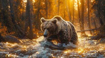 A carnivorous brown bear wades through the river in a natural landscape - obrazy, fototapety, plakaty