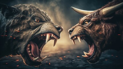 An angry bull fights an angry bear, dark background, banner - obrazy, fototapety, plakaty