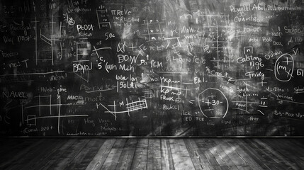Background Blackboard covered in complex mathematical equations and diagrams, symbolizing problem-solving, innovation, and analysis