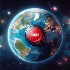 Image of planet Earth with a large red button that reads "Reset".