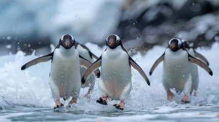 Three penguins swimming gracefully in the freezing water