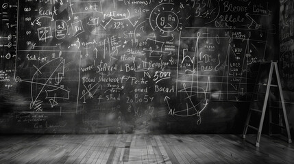 Background Blackboard covered in complex mathematical equations and diagrams, symbolizing problem-solving, innovation, and analysis