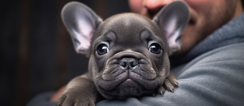 A Man Is Cradling A Small Fawn French Bulldog Puppy In His Arms. The Toy Dog Breed With Adorable Whiskers And Big Eyes Is A Popular Choice As A Companion Dog