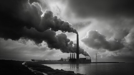 Smoke billows from a factory chimney. - obrazy, fototapety, plakaty