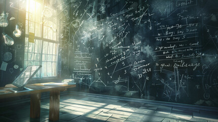 Background Blackboard covered in complex mathematical equations and diagrams, symbolizing problem-solving, innovation, and analysis