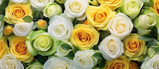 A closeup of a beautiful bouquet featuring a mix of yellow and white hybrid tea roses, showcasing the intricate details of their petals and the elegance of flower arranging - obrazy, fototapety, plakaty