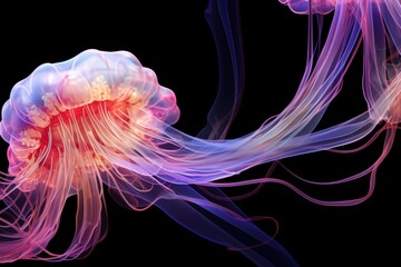 Fantasy pink jellyfish against, simple abstract, detail, neon art, dark gradient background, banner, copy space