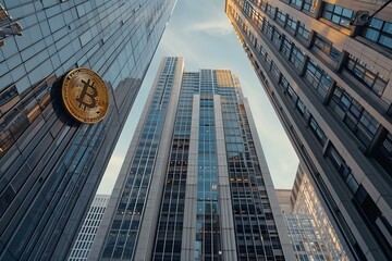 bitcoin against the backdrop of a Skyscrapers . Concept Bitcoin, Skyscrapers, Cryptocurrency Trends, Financial District, Urban Setting