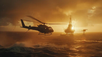 Helicopter flying near oil rig at sunset, symbolising energy, industry, and transport