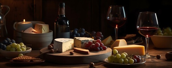 the charm of a wine and cheese arrangement with soft evening lighting, warm color temperature, and a serene ambiance, highlighting the textures of the 