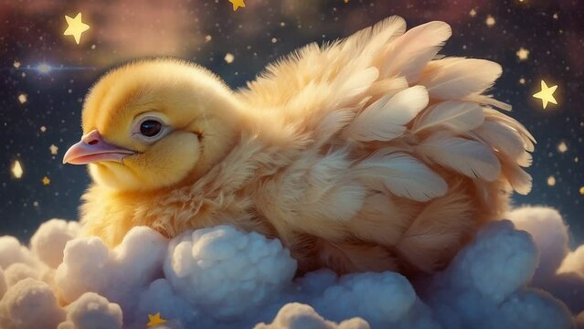 chicks are sleeping on starry clouds, seamless looping 4k animation video background 