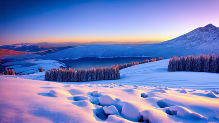 tranquil snowy landscape illuminated by the rising or setting sun, with rolling hills and pine...