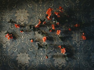 Wallpaper with plastic flowers in a house in Voloska Balakliia. The village is close to the front line, artillery fire can be heard every day, Voloska Balakliia, Kharkiv Oblast, Ukraine, Europe
