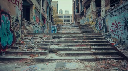 Urban landscape of a demolished building with graffiti-covered walls. - obrazy, fototapety, plakaty