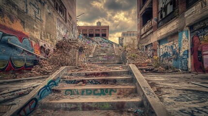 Urban landscape of a demolished building with graffiti-covered walls.