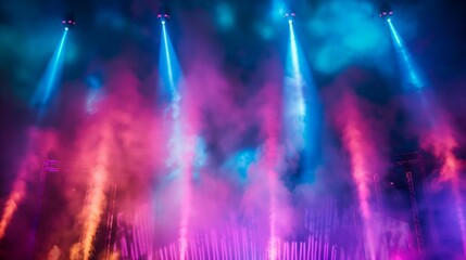 Fototapeta na wymiar Vibrant spotlights pierce through billowing clouds of smoke.