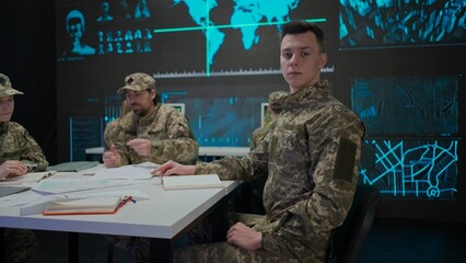 Group of security squad in control center. Military headquarters surveillance officers cyber police...