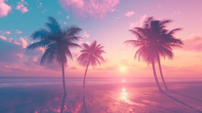Vaporwave palm trees on a tranquil beach.