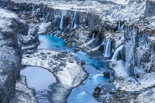 Hrauneyjarfoss waterfalls, onset of winter, Sudurland, Iceland, Europe
