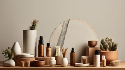 an image showcasing a collection of ceramic skincare products arranged in a minimalist style, with a backdrop inspired by nature, emphasizing the connection between the products and the environment