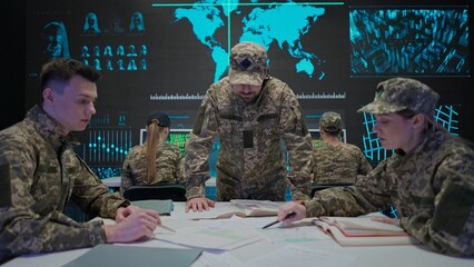 Group of security squad in control center. Military headquarters surveillance officers cyber police...