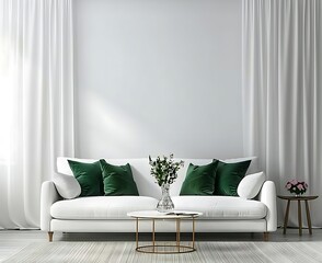 A simple and elegant white sofa with green pillows against the light gray wall of an empty living room