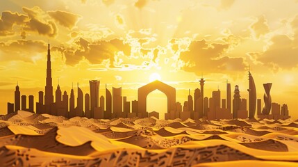 A skyline silhouette of the Kingdom of Saudi Arabia is combined with natural elements such as an old arch and sand dunes in a 3D illustration, celebrating the nation's heritage