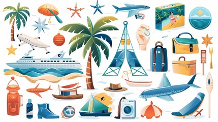 A set of travel icons representing summer vacations and holiday symbols is provided in vector illustration, offering a collection of elements related to traveling and tourism