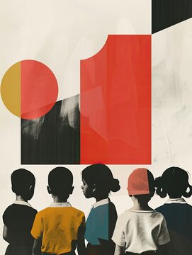 Minimalist color split collage of diverse school kids, illustration made with generative AI