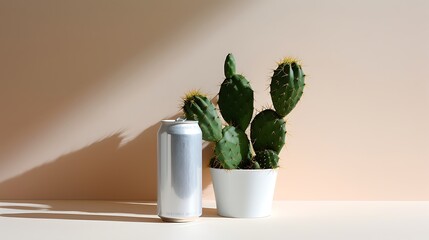 an image showcasing a white soda can positioned atop a significant Opuntia cactus, set against a subtle and pale backdrop