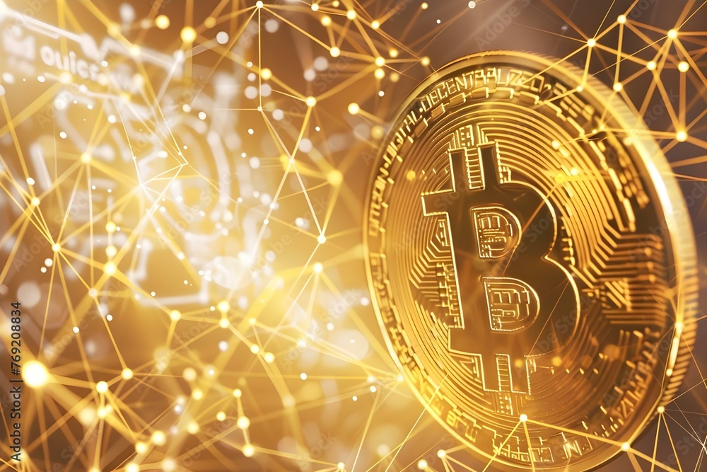 Aufkleber bitcoin in the context of a network. concept cryptocurrency, blockchain technology, virtual currency