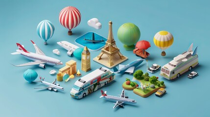 A wide range of 3D icons related to travel and tourism, including elements for trip planning and world tours, captures the essence of holiday vacations and the concept of travel and transport - obrazy, fototapety, plakaty