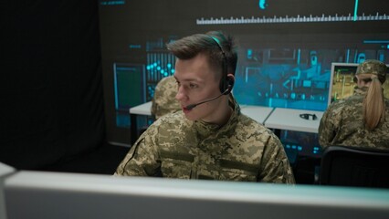 Group of security squad in control center. Military headquarters surveillance officers cyber police...