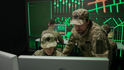 Group of security squad in control center. Military headquarters surveillance officers cyber police...