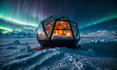 geodesic dome in the snow under the Northern Lights - 769209695