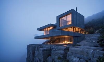 modern house on the edge of a cliff is lit up at night. The house is made of concrete and glass. The surrounding area is foggy. - 769210022