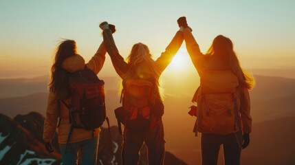 Fototapeta na wymiar Three women, in backpacking clothes, stood on top of mountain, holding hands high celebrating the climb. Sunrise. Theme, overcoming obstacles.