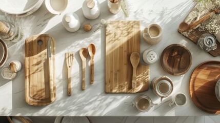 Organic wooden kitchenware on a marble countertop, embodying natural living and eco-friendly design, perfect for culinary and sustainable living content.
