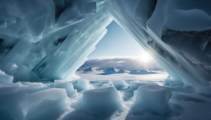 view from ice cave Witness the serenity of Iceland's frozen landscapes, where icebergs drift peacefully under the Arctic sun, creating a scene straight out of a dream - 769210232